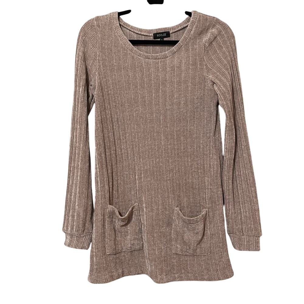 Roolee Beige Ribbed Super Soft Velveteen Sweater Tunic Womens S Chenille Pockets